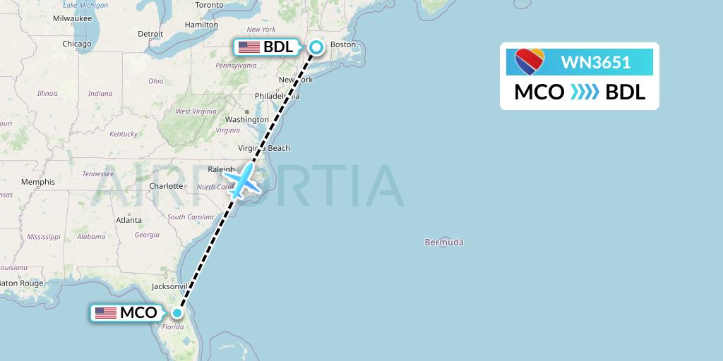 WN3651 Southwest Airlines Flight Map: Orlando to Windsor Locks