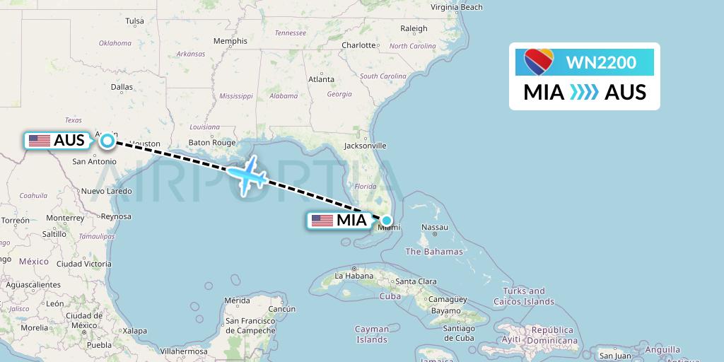 WN2200 Southwest Airlines Flight Map: Miami to Austin