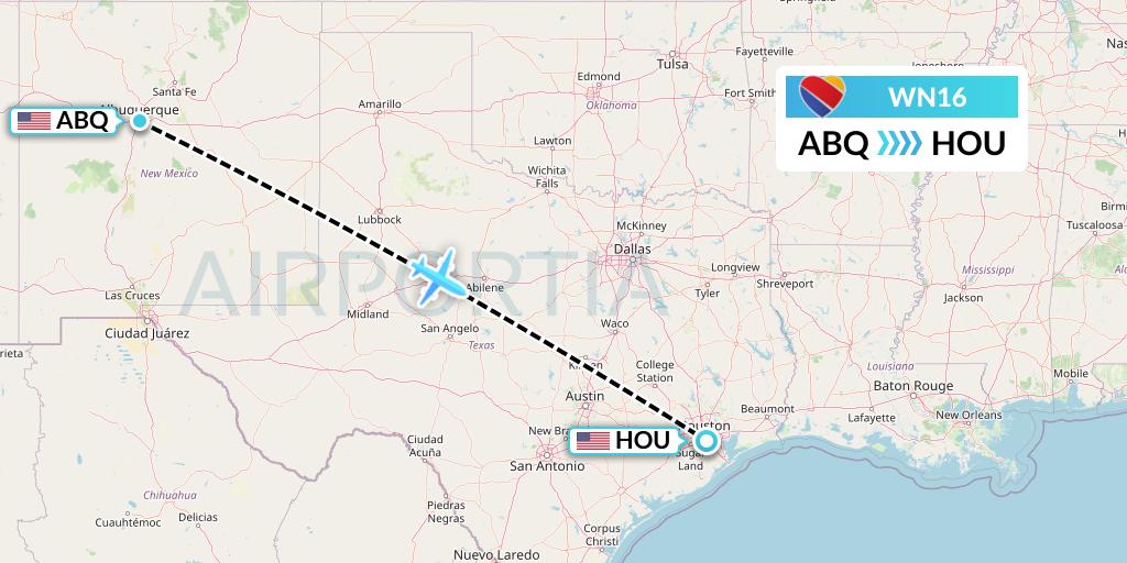 WN16 Southwest Airlines Flight Map: Albuquerque to Houston