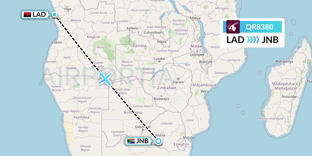 QR8380 Qatar Airways Flight Map: Luanda to Johannesburg