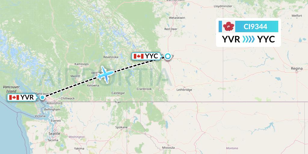 CI9344 China Airlines Flight Map: Vancouver to Calgary