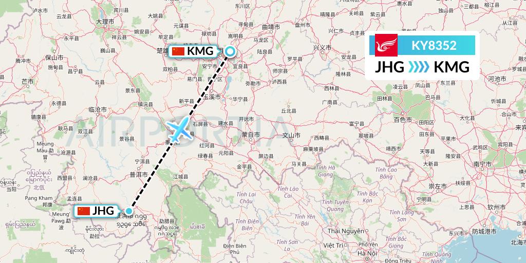 KY8352 Kunming Airlines Flight Map: Jinghong to Kunming