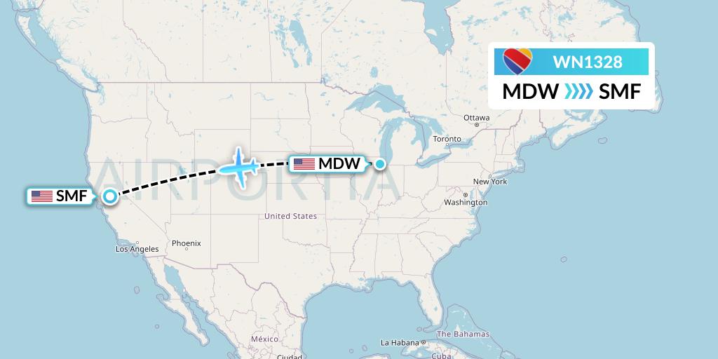 WN1328 Southwest Airlines Flight Map: Chicago to Sacramento