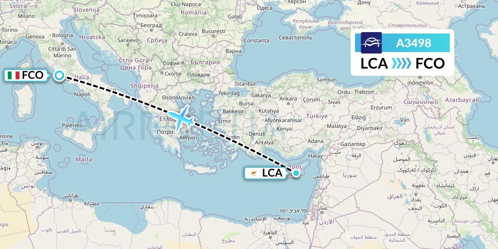 A3498 Aegean Airlines Flight Map: Larnaca to Rome