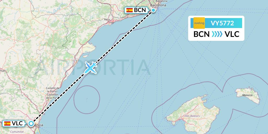 VY5772 Vueling Flight Map: Barcelona to Valencia