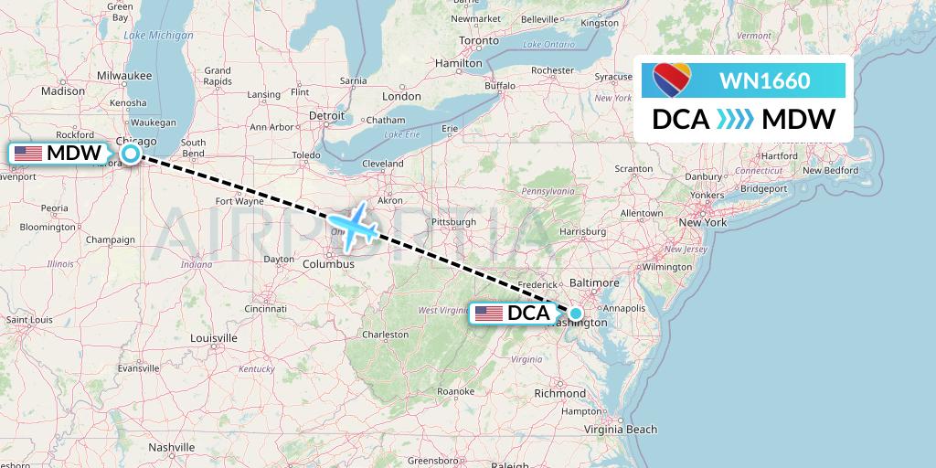 WN1660 Southwest Airlines Flight Map: Washington to Chicago