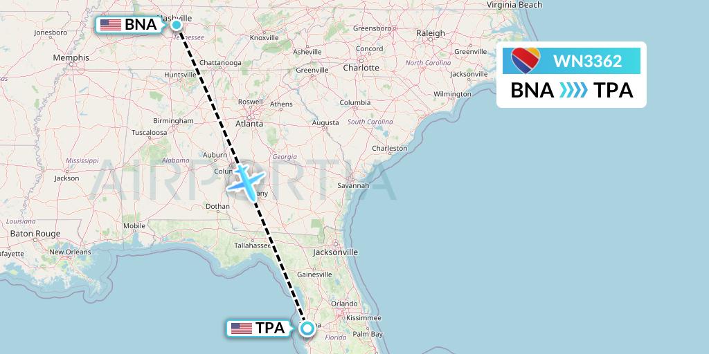 WN3362 Southwest Airlines Flight Map: Nashville to Tampa
