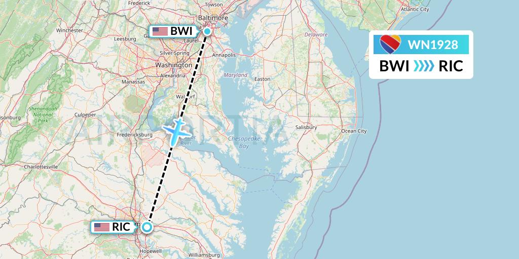 WN1928 Southwest Airlines Flight Map: Baltimore to Richmond