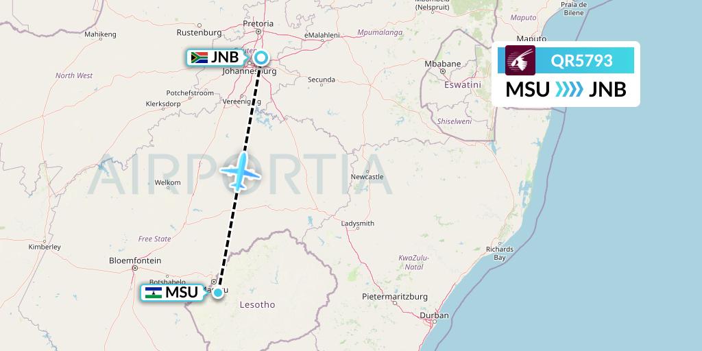 QR5793 Qatar Airways Flight Map: Maseru to Johannesburg