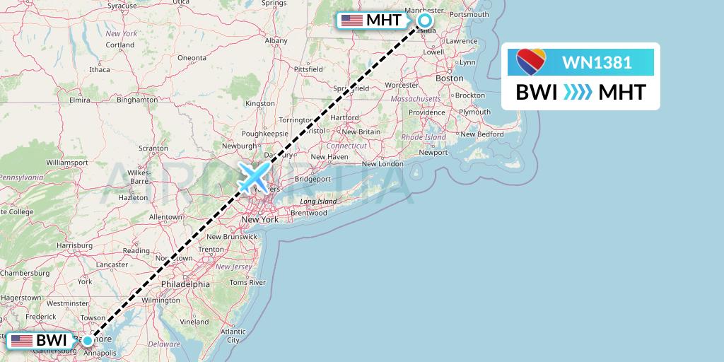 WN1381 Southwest Airlines Flight Map: Baltimore to Manchester
