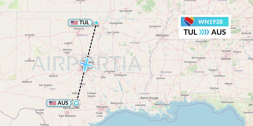 WN1938 Southwest Airlines Flight Map: Tulsa to Austin