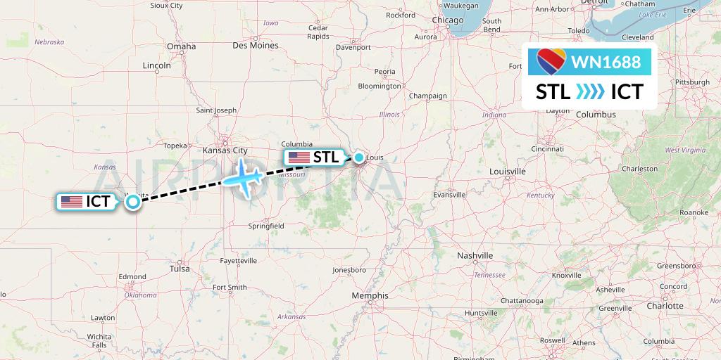WN1688 Southwest Airlines Flight Map: St. Louis to Wichita