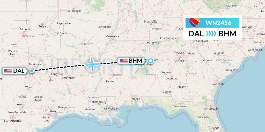 WN2456 Southwest Airlines Flight Map: Dallas to Birmingham