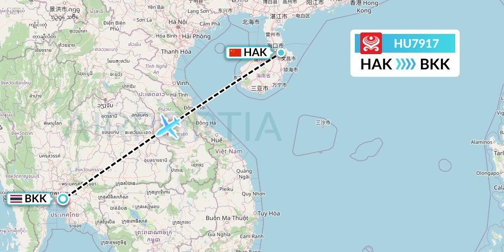 HU7917 Hainan Airlines Flight Map: Haikou to Bangkok