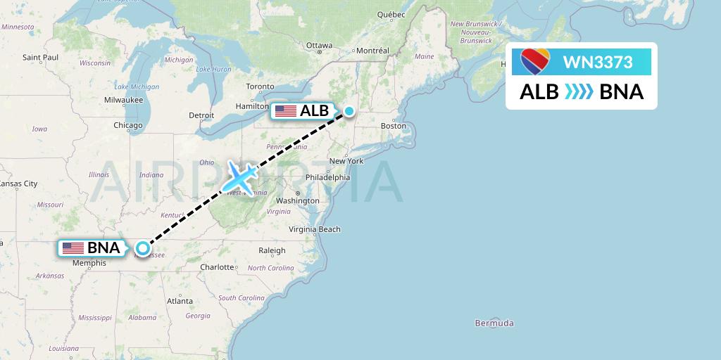 WN3373 Southwest Airlines Flight Map: Albany to Nashville
