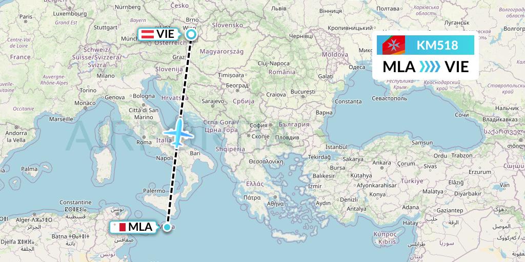 KM518 Air Malta Flight Map: Malta to Vienna