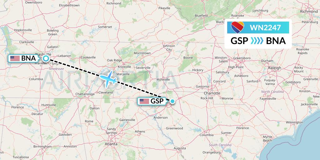 WN2247 Southwest Airlines Flight Map: Greenville-Spartanburg to Nashville