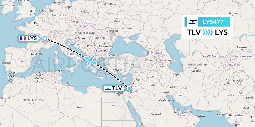 LY5477 El Al Flight Map: Tel Aviv to Lyon