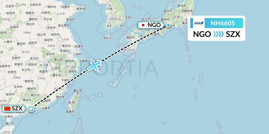 NH6605 All Nippon Airways Flight Map: Nagoya to Shenzhen