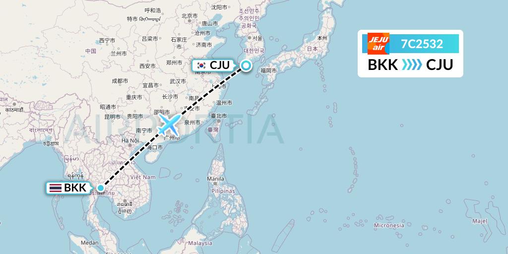 7C2532 Jeju Air Flight Map: Bangkok to Jeju