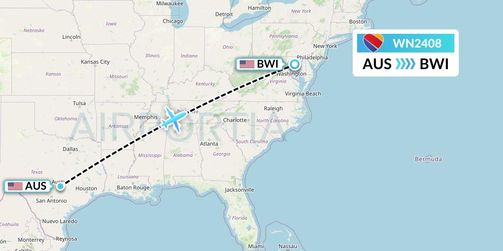 WN2408 Southwest Airlines Flight Map: Austin to Baltimore