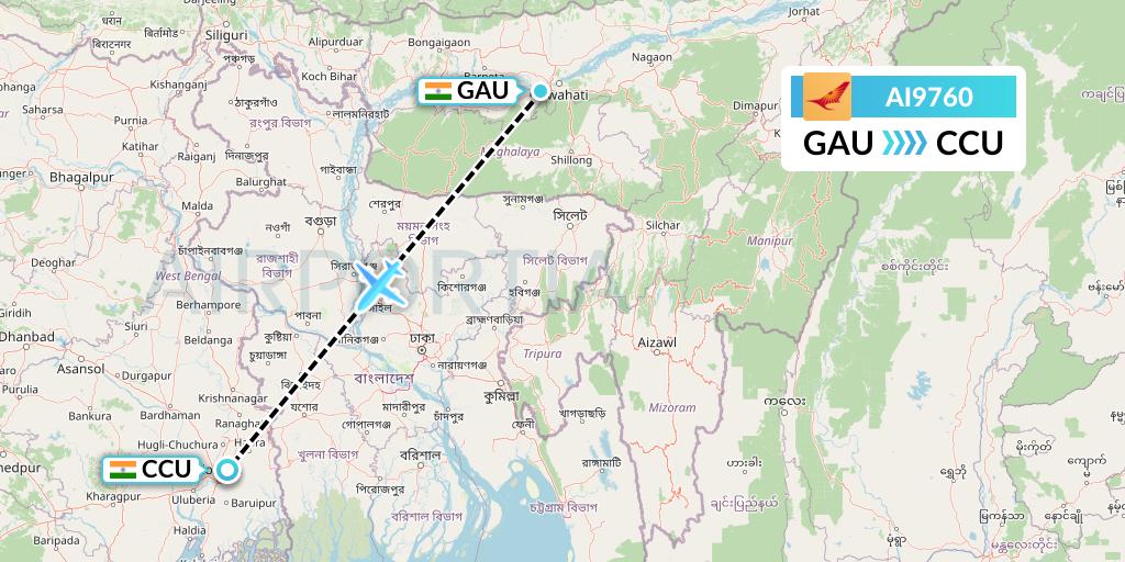 AI9760 Air India Flight Map: Guwahati to Kolkata