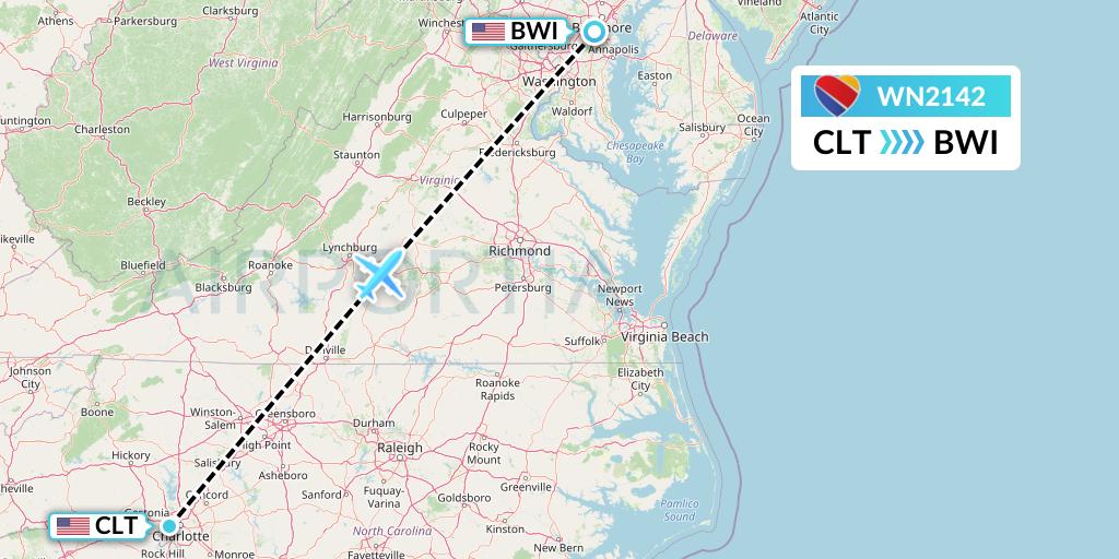 WN2142 Southwest Airlines Flight Map: Charlotte to Baltimore