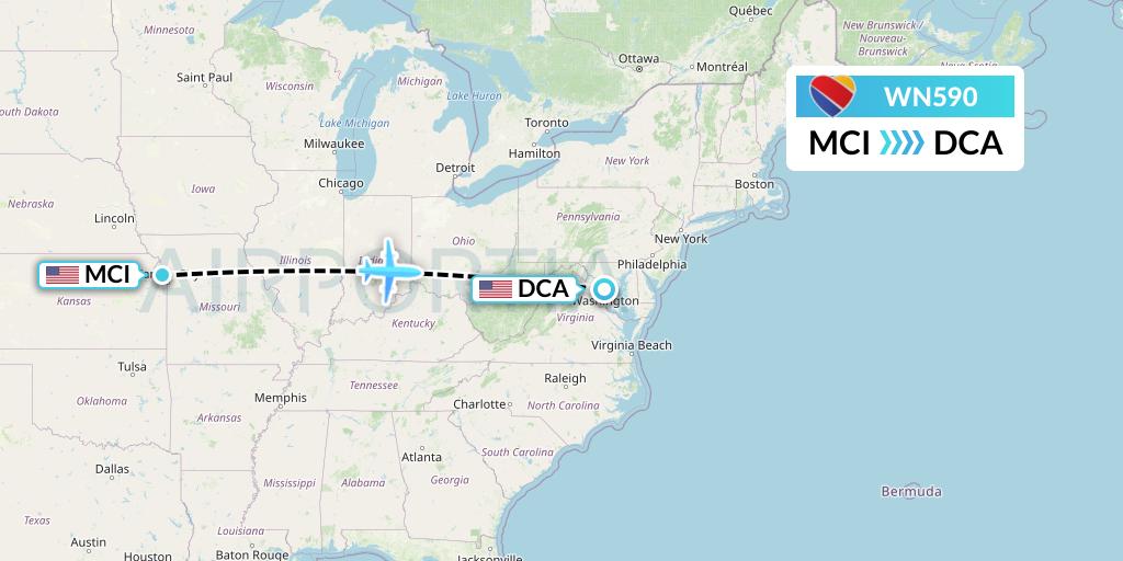WN590 Southwest Airlines Flight Map: Kansas City to Washington