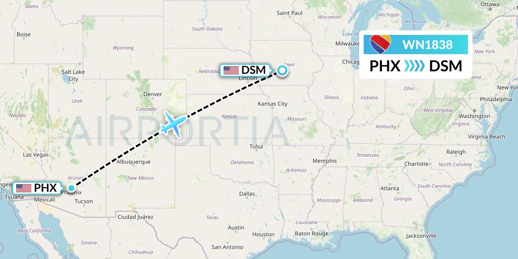 WN1838 Southwest Airlines Flight Map: Phoenix to Des Moines