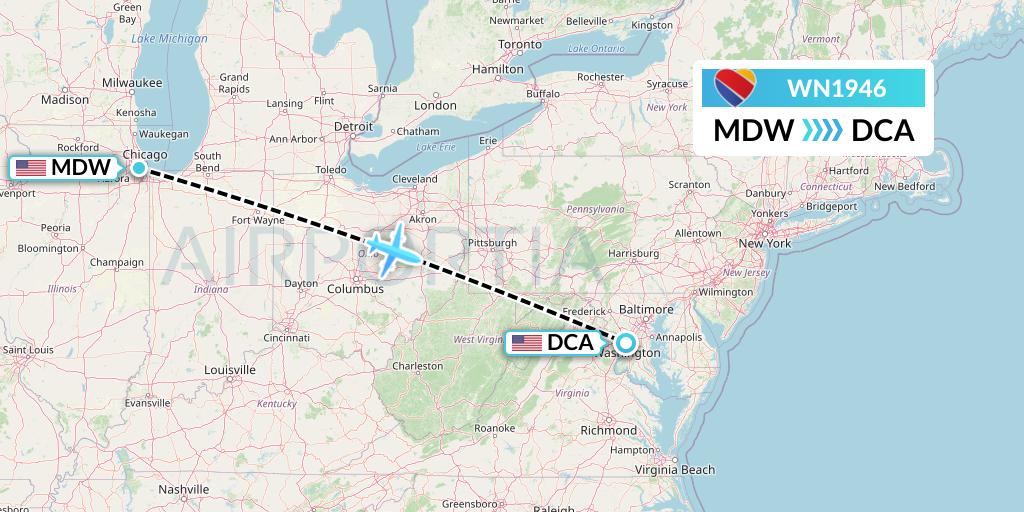 WN1946 Southwest Airlines Flight Map: Chicago to Washington