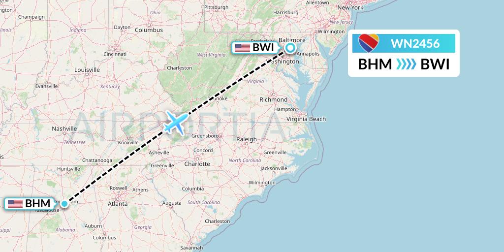 WN2456 Southwest Airlines Flight Map: Birmingham to Baltimore