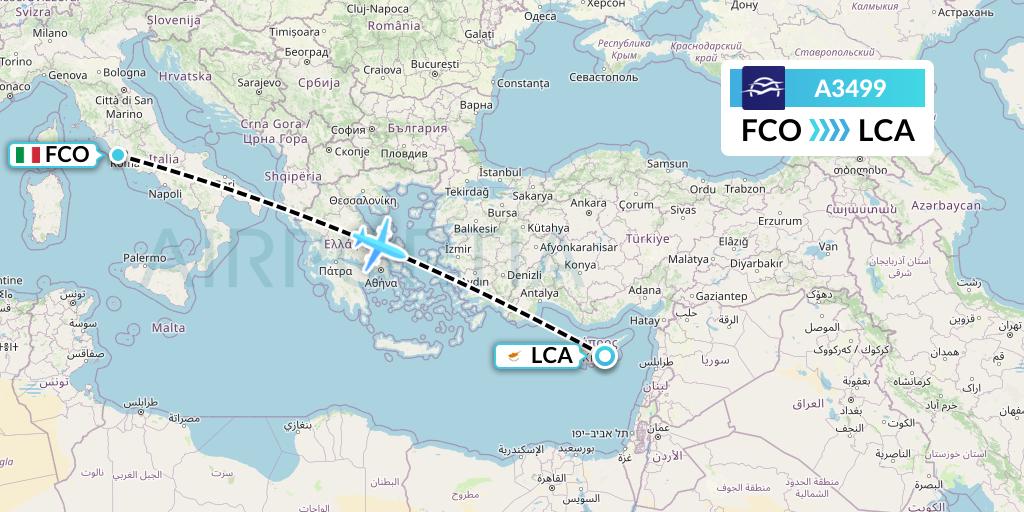 A3499 Aegean Airlines Flight Map: Rome to Larnaca