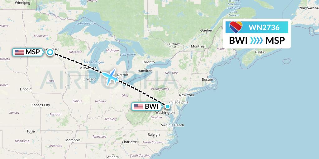 WN2736 Southwest Airlines Flight Map: Baltimore to Minneapolis