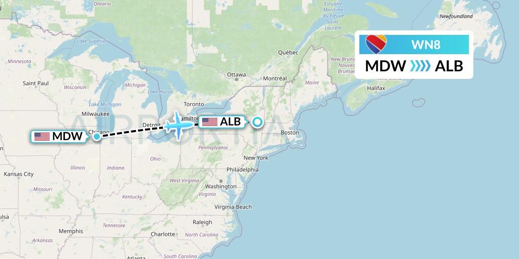 WN8 Southwest Airlines Flight Map: Chicago to Albany