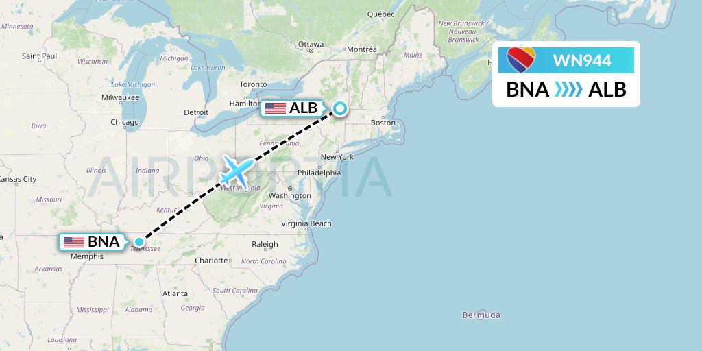 WN944 Southwest Airlines Flight Map: Nashville to Albany