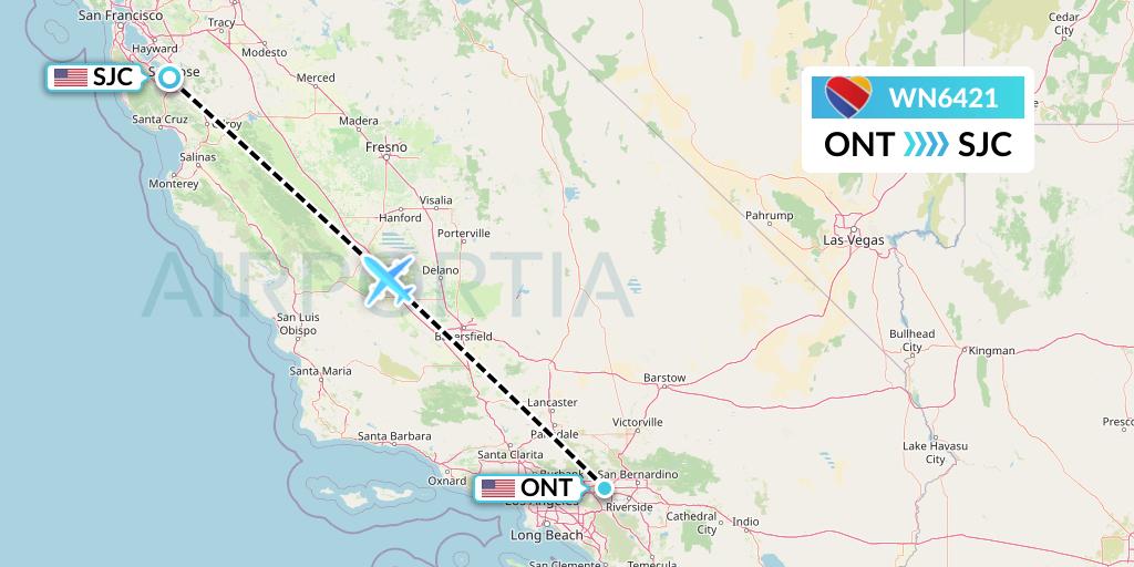WN6421 Southwest Airlines Flight Map: Ontario to San Jose