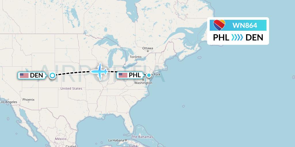 WN864 Southwest Airlines Flight Map: Philadelphia to Denver