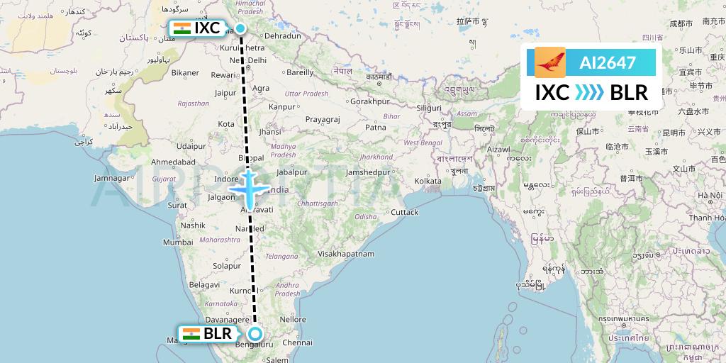 AI2647 Air India Flight Map: Chandigarh to Bangalore