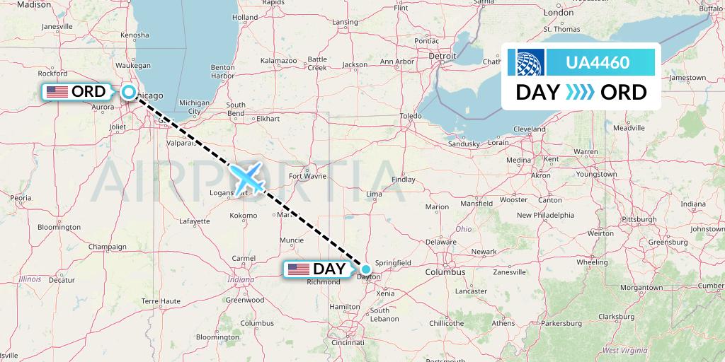 UA4460 United Airlines Flight Map: Dayton to Chicago