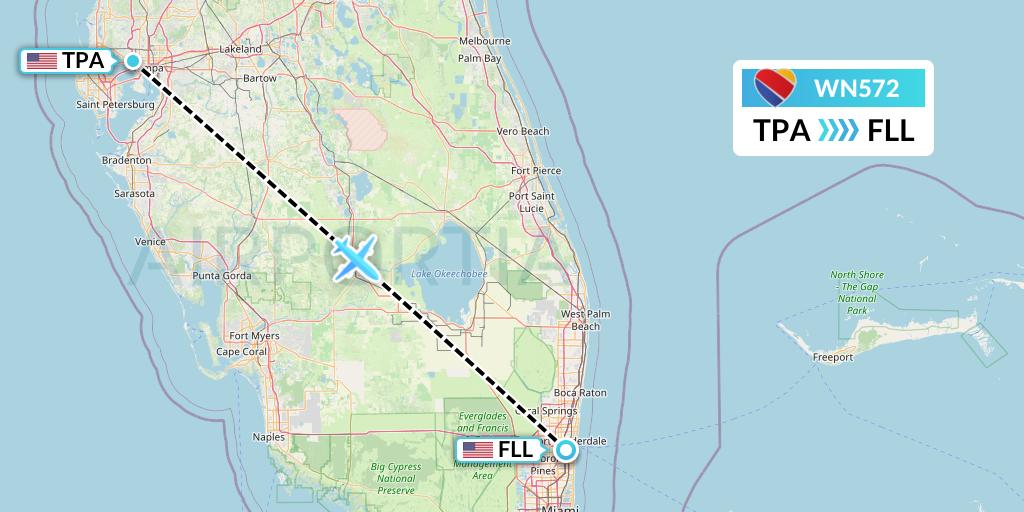 WN572 Southwest Airlines Flight Map: Tampa to Fort Lauderdale
