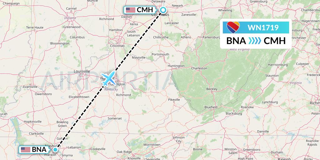 WN1719 Southwest Airlines Flight Map: Nashville to Columbus