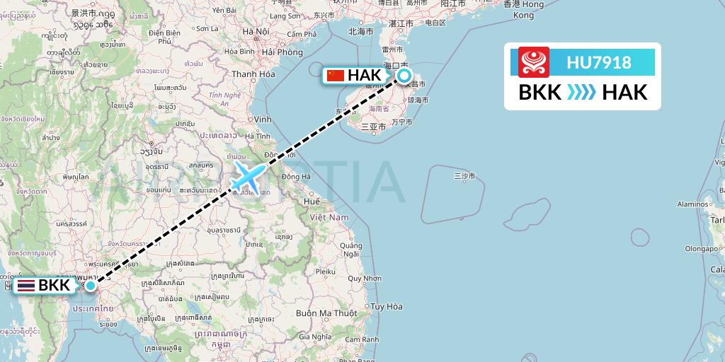 HU7918 Hainan Airlines Flight Map: Bangkok to Haikou