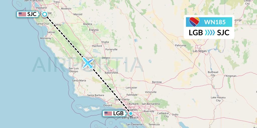 WN185 Southwest Airlines Flight Map: Long Beach to San Jose
