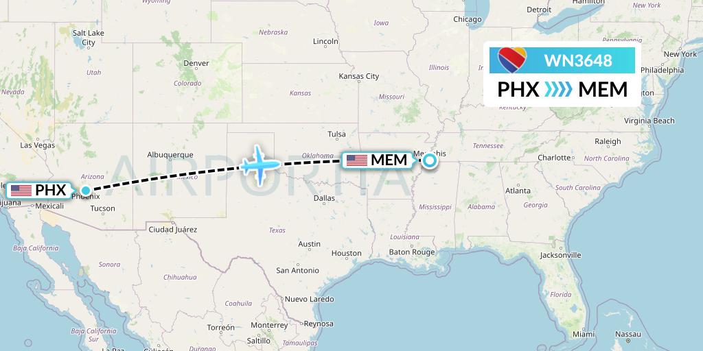 WN3648 Southwest Airlines Flight Map: Phoenix to Memphis