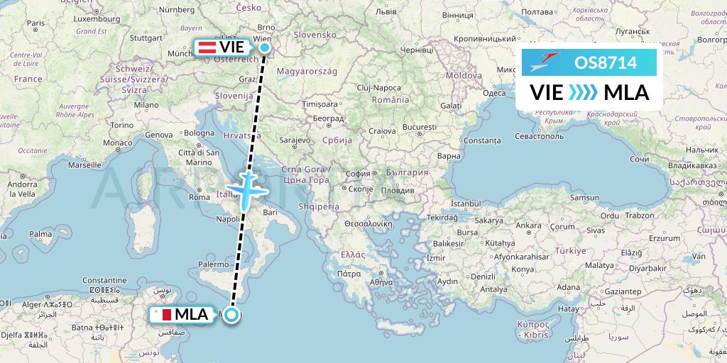 OS8714 Austrian Airlines Flight Map: Vienna to Malta