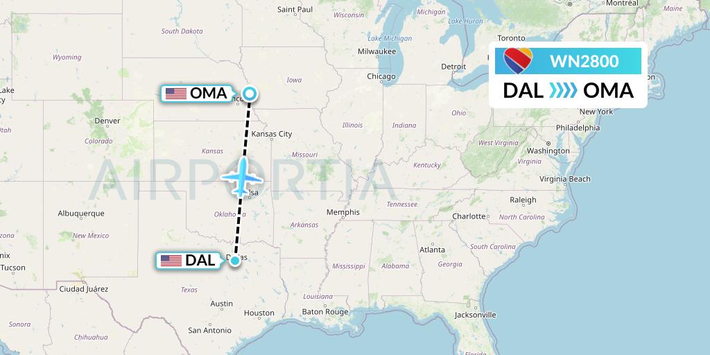WN2800 Southwest Airlines Flight Map: Dallas to Omaha