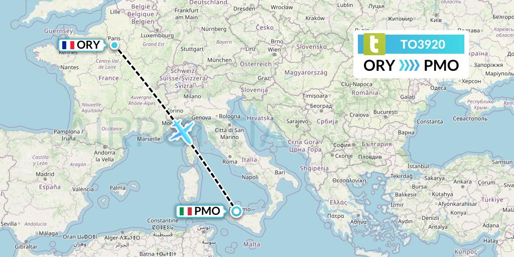 TO3920 Transavia France Flight Map: Paris to Palermo