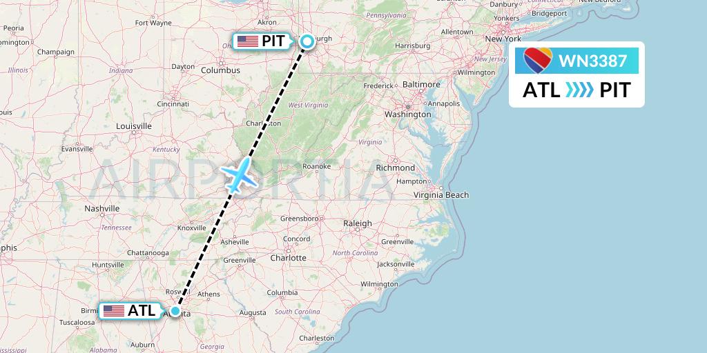 WN3387 Southwest Airlines Flight Map: Atlanta to Pittsburgh