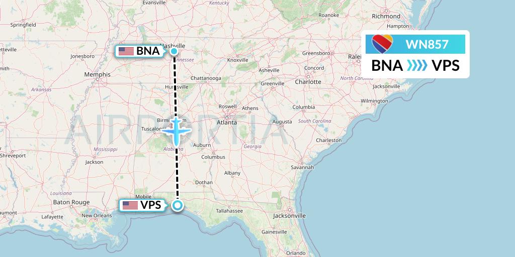 WN857 Southwest Airlines Flight Map: Nashville to Valparaiso