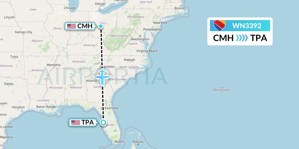 WN3392 Southwest Airlines Flight Map: Columbus to Tampa